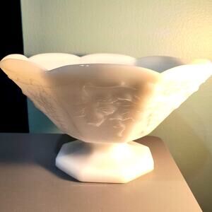 837. Vintage A. H. Milk Glass Harvest Grapes Pedestal Bowl